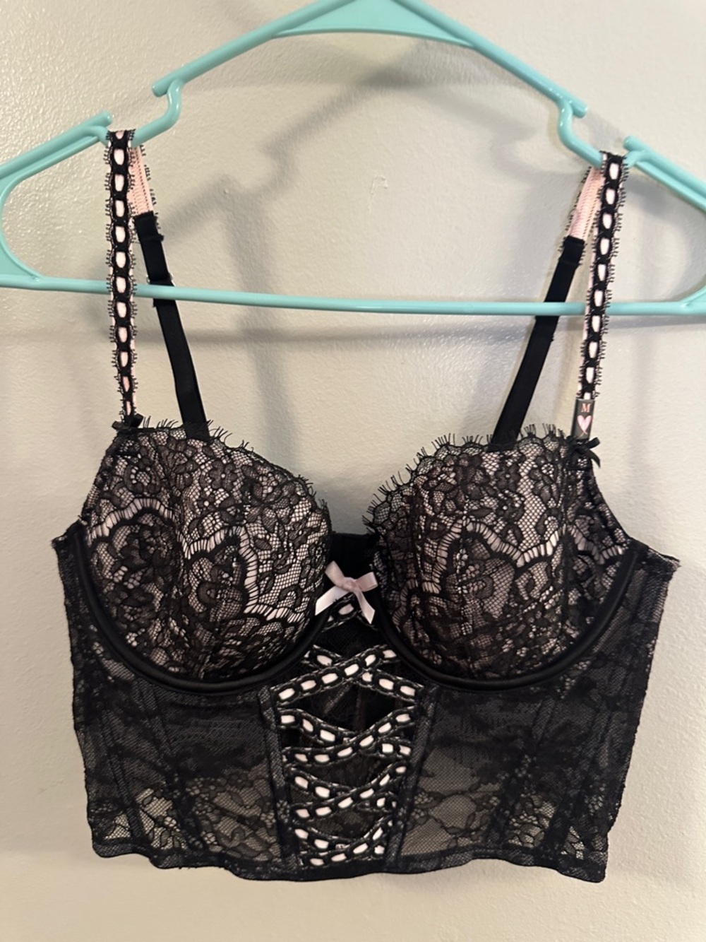 Black Lace Longline Corset Bra with Pink Accents